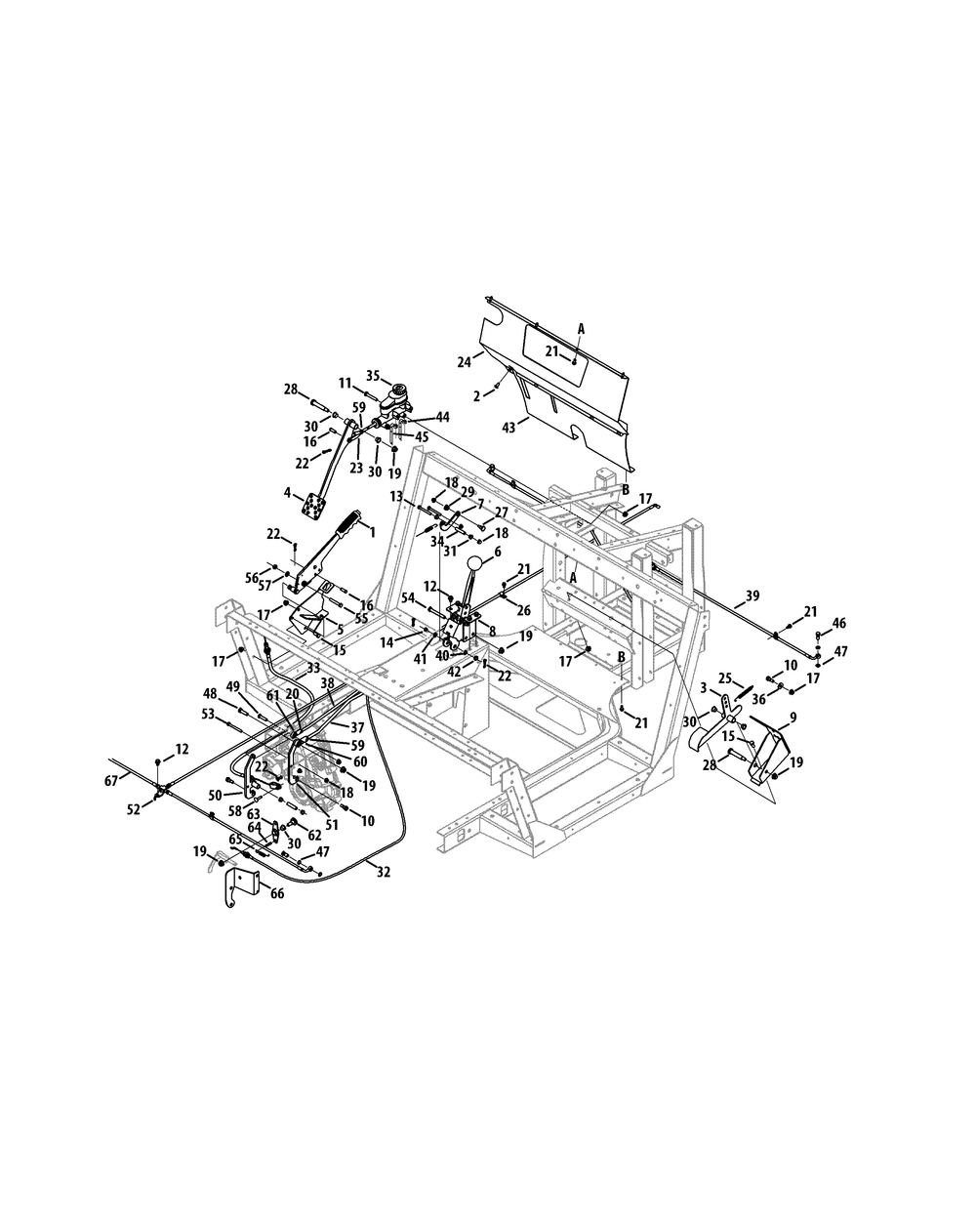 Pedals And Levers Diagram and Parts List for 465 4X4-EFI-1H030Z-1G192Z-37BMD710 Cub Cadet Lawn Tractor Accessories